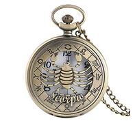 LICHWEST Pocket Watch Necklace 12 Constellation Astrology Zodiac Retro Watches Bronze Necklace Pendant Mens Women Hollow Flip Cover Quartz