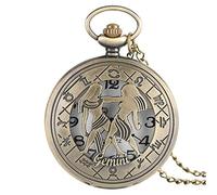 LICHWEST Pocket Watch Necklace 12 Constellation Astrology Zodiac Retro Watches Bronze Necklace Pendant Mens Women Hollow Flip Cover Quartz