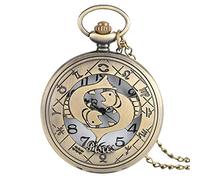 LICHWEST Pocket Watch Necklace 12 Constellation Astrology Zodiac Retro Watches Bronze Necklace Pendant Mens Women Hollow Flip Cover Quartz