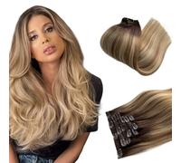 Licoville Balayage Short Hair Extensions 12 Inch Clip in Human Hair Extensions Human Hair Extensions for Women Brown to Ash Brown Roots with Light Blonde Reflections Hair Extensions