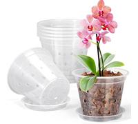 Licsaliwe 【5pcs】 Clear Plastic Orchid Pots with Holes and Saucers, Optimal Drainage & Ventilation for Indoor/Outdoor Orchids, Succulents (130mm)