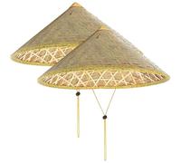 Licsaliwe Chinese Conical Bamboo Hat 2Pcs, 14 Inch Rice Hat with Adjustable Rope Weave Rice Straw Tourism Rain Cap for Farmer Fishing Beige