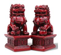 Licsaliwe Foo Dogs Statues Pair, Wooden Guardian Chinese Decor Traditional Feng Shui Cultural Art Piece Asian Decor for Home Office, Red