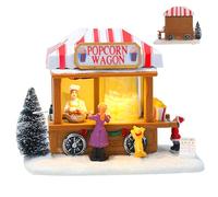 Licsaliwe LED Lighted Christmas Village Popcorn Wagon with Music, Battery Operated Animated House for Tabletop Display, Winter Holiday Home Decor