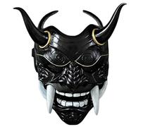 Licsaliwe Oni Mask - Scary Full Face Latex Japanese Hannya Mask 11x9.5in | Horror devil mask with fangs and ox horn for Halloween cosplay. Full head latex oni mask for masquerade and costume parties.