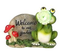 Licsaliwe Solar Frog Yard Ornaments, Resin Frog Statues with Base & Mushroom Decor, Auto Color Change Outdoor Animal for Indoor, Outdoor