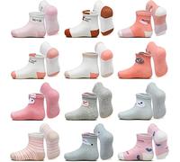 Lictin Baby Girls Animal 3D Design Non-Skid Socks - 12 Pairs, Pink/White/Grey/Rose Red, 1-3 Years