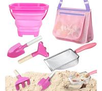 LIDAGO 5 Pcs Sand Toys Beach Set Include 1 Foldable Beach Bucket,2 Metal Shovels & 1 Sand Sifter with 1 Mesh Beach Bag for Shells Collecting