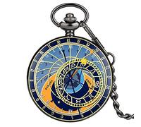 LIDCOM Antique Retro Bronze Compass Prague Astronomical Design Analog Pocket Watch Quartz Necklace Clock Men Women Fob Watches Pendant,30cm Chain Black