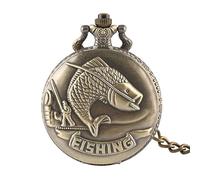 LIDCOM Bronze/Silver Fishing Pattern Design Quartz Necklace Watch Men Women Arabic Numerals Display Pendant Vintage Pocket Clock,A2 30 cm