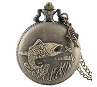 LIDCOM Bronze/Silver Fishing Pattern Design Quartz Necklace Watch Men Women Arabic Numerals Display Pendant Vintage Pocket Clock,C2 80 cm