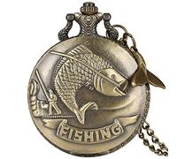 LIDCOM Bronze/Silver Fishing Pattern Design Quartz Necklace Watch Men Women Arabic Numerals Display Pendant Vintage Pocket Clock,A4 80 cm