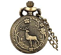 LIDCOM Exquisite Bronze Elk Design Quartz Pocket Watch Vintage Necklace Watch Fob Chain Pocket Clock Gifts,Mini Size