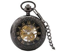 LIDCOM Gold Roman Numerals Transparent Glass Manual Mechanical Pocket Watch Retro Chain Clock Gift for Male Antique Hand Winding Clock