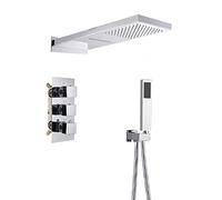 LIDCOM Matte Black Rain Waterfall Shower Set Thermostatic Mixer Bath Shower Mixer Tap 3 ways Shower Faucet Wall Mounted,Chrome A