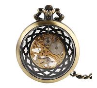 LIDCOM Transparent Open Face Hollow Skeleton Mechanical Pocket Watch Hand Winding Vintage Clock Birthday Gift with Pocket Chain,Hollow Bronze