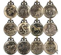 LIDCOM Vintage Bronze Chinese Zodiac Rat/Ox/Tiger/Rabbit/Dragon/Snake/Horse/Sheep/Monkey/Rooster/Dog/Pig Quartz Necklace Pocket Watches,Zodiac Tiger