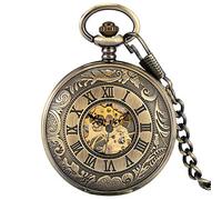 LIDCOM Vintage Bronze Hollow Double Sided Open Skeleton Mechanical Pocket Watch Shield Design Back Case Art Collectibles for Men Women,Bronze