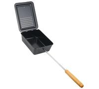 Lidded Camp Puffed Rice Pan for Camping, Iron Outdoor Pan with Long Handle, Wooden Grip, Rectangular Body, Campfire Use, and Picnic Cooking Campfire Camping Cooking Outdoor Long Handle
