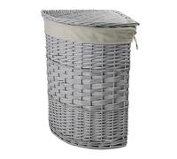 Lidded Grey Wicker Corner Linen Laundry Basket with Cotton Liner