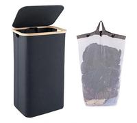 Lidded Laundry Basket, Slim-Profile Laundry Hamper with Bamboo Handles and Removable Inner Bag, 100L Large Capacity, Suitable for Bathrooms, Bedrooms, and Laundry Rooms(Black)