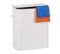 Relaxdays Lidded Laundry Hamper, 2 Compartments, Partitioned Bag, Ventilated, 72 litres, Bamboo Basket, White, 62 x 55 x 35 cm