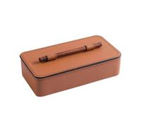 Lidded Organizer with Stitching, Camel | Compact Low-Profile Design, Leather Storage Box with Carry Handle, Sturdy, for Desk, Jewelry Organization