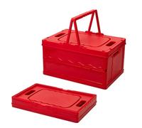 Lidded Storage Basket Large 30L Collapsible Crates Plastic Storage Box,Stackable Crates Portable Picnic Basket for Clothes Books Grocery Storage (Red)