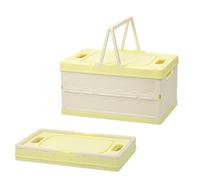 Lidded Storage Basket Large 30L Collapsible Crates Plastic Storage Box,Stackable Crates Portable Picnic Basket for Clothes Books Grocery Storage (Yellow)