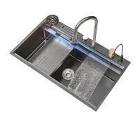 LIDDFAFA Large Rectangular Waterfall Sink, 86cm x 52cm, Stainless Steel, Undermount, Brushed Finish, 1 Hole, Rear Drain