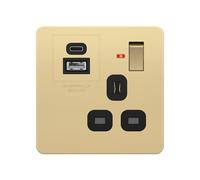 LIDER 1-Gang 13A UK Socket with 20W USB, Total 5V/4.2A (20W) Output | Gold, Use 35mm-Deep Back Box, Screwless Faceplate, Glossy, Charging, LED Power Indicator For Live Status