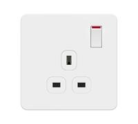 LIDER 1-Gang Switched 13A Socket, Double-Pole Plug Socket with Control Switches, Child-Proof Shutter, Screwless Plastic Plate Cover, UKCA Certified, Thermoplastic, Glossy Finish, White