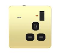 LIDER 1-Gang Switched 13A Socket, LED, Daylight Sensor, Soft White 3000K | Adjustable Low Energy Night Light, Metal Plate Cover, Polished Brass, Use A 35mm-Deep Back Box
