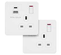 LIDER 1-Gang Switched 13A Socket with 20W USB-A & C Charger, Screwless Faceplate, Combined 5V/4.2A (20W) Output, UKCA, Child-Proof Shutter, Glossy Finish, White, 2 Pack (Use 35mm-deep back box)