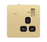 LIDER 1-Gang Switched 13A Socket with LED Guide Light, Daylight Sensor, Soft White 3000K, Adjustable Low Energy Night Light, LED Power Indicator, UKCA Certified, Gold (Use a 35mm-deep back box)