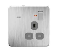 LIDER 1-Gang Switched 13A Socket with LED Guide Light, Daylight Sensor, Soft White 3000K, Adjustable Low Energy Night Light, Metal Plate Cover, Stainless Steel (Use a 35mm-deep back box)