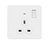 LIDER 1-Gang Switched 13A Socket with LED Power Indicators, Double-Pole Plug Socket with Child-Proof Shutters, Screwless Plastic Plate Cover, UKCA Certified, Thermoplastic, Glossy Finish, White