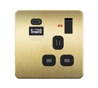 LIDER 1-Gang Switched Socket with 20W USB-A&C Charger, LED Power Indicator, Combined 5V/4.2A (20W) Output, Stainless Steel, UKCA Certified, Durable Metal Faceplate, Brushed Brass (Use 35mm back box)