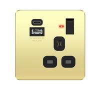 LIDER 1-Gang Switched Socket with 20W USB-A&C Charger, LED Power Indicator, Combined 5V/4.2A (20W) Output, Stainless Steel, UKCA Certified, Durable Metal Faceplate, Polished Brass (Use 35mm back box)