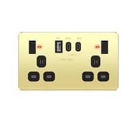 LIDER 2-Gang Socket, USB TYPE, Power Delivery Fast Charging, Output 65W | PD 60W Max USB-C, Stainless Steel, Polished Brass, Use A 35mm-Deep Back Box, Pd65 Output, LED Power Indicators