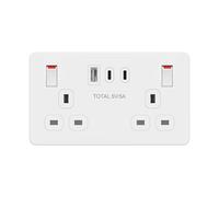 LIDER 2-Gang Switched 13A Double Socket with USB TYPE C & A Charger Ports, 25W Combined Output, Always-On USB, Child Safe, Low Energy Standby, Glossy Finish, White (Use a 35mm-deep back box)