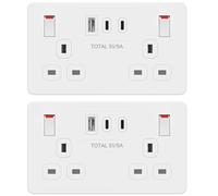 LIDER 2-Gang Switched 13A Double Socket with USB TYPE C & A Charger Ports, 25W Combined Output, Always-On USB, Child Safe, Low Energy Standby, Glossy Finish, White, 2 Pack(Use a 35mm-deep back box)