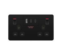 LIDER 2-Gang Switched 13A Double Socket with USB TYPE C & A Charger Ports, 25W Combined Output, Always-On USB, Child Safe, Low Energy Standby, Glossy Finish, Black (Use a 35mm-deep back box)