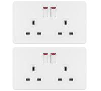 LIDER 2-Gang Switched 13A Socket, Double-Pole Plug Socket with Control Switches, Child-Proof Shutter, Screwless Plastic Plate Cover, UKCA Certified, Thermoplastic, Glossy Finish, White, 2 Pack
