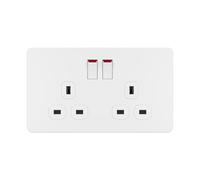 LIDER 2-Gang Switched 13A Socket, Double-Pole Plug Socket with Control Switches, Child-Proof Shutter, Screwless Plastic Plate Cover, UKCA Certified, Thermoplastic, Glossy Finish, White