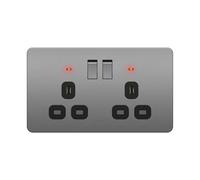 LIDER 2-Gang Switched 13A Socket, Screwless Plastic Plate Cover, Space Gray | Double-Pole Plug Socket, Child-Proof Shutters, UKCA Certified, Thermoplastic, Tamper-Resistant, Double-Pole Appliance