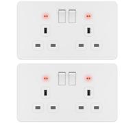LIDER 2-Gang Switched 13A Socket, UKCA Certified, White, 2 Pack | Screwless Plastic Plate Cover, Double-Pole Plug Socket, Child-Proof Shutters, Thermoplastic, Tamper-Resistant
