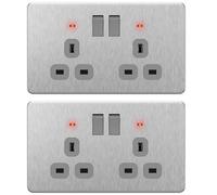 LIDER 2-Gang Switched 13A Socket with LED Power Indicators, Plug Socket with Child-Proof Shutters, Screwless Metal Plate Cover, UKCA, Stainless Steel, 2 Pack