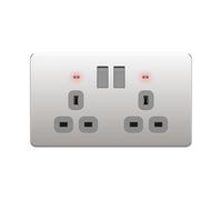 LIDER 2-Gang Switched 13A Socket with LED Power Indicators, Plug Socket with Child-Proof Shutters, Screwless Metal Plate Cover, Stainless Steel, UKCA Certified, Polished Chrome