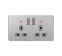 LIDER 2-Gang Switched 13A Socket with LED Power Indicators, Plug Socket with Child-Proof Shutters, Screwless Metal Plate Cover, UKCA, Stainless Steel